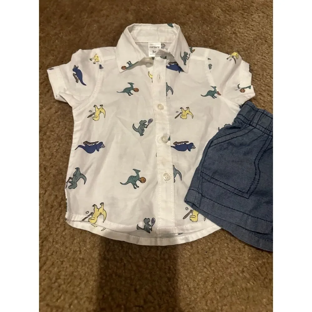 NWOT Carter's Two Piece Dinosaur Print Button Down Shirt & Shorts Size 3 Months